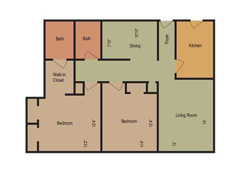 Floor plan for 2 beds, 2 baths, 1087 sqft
